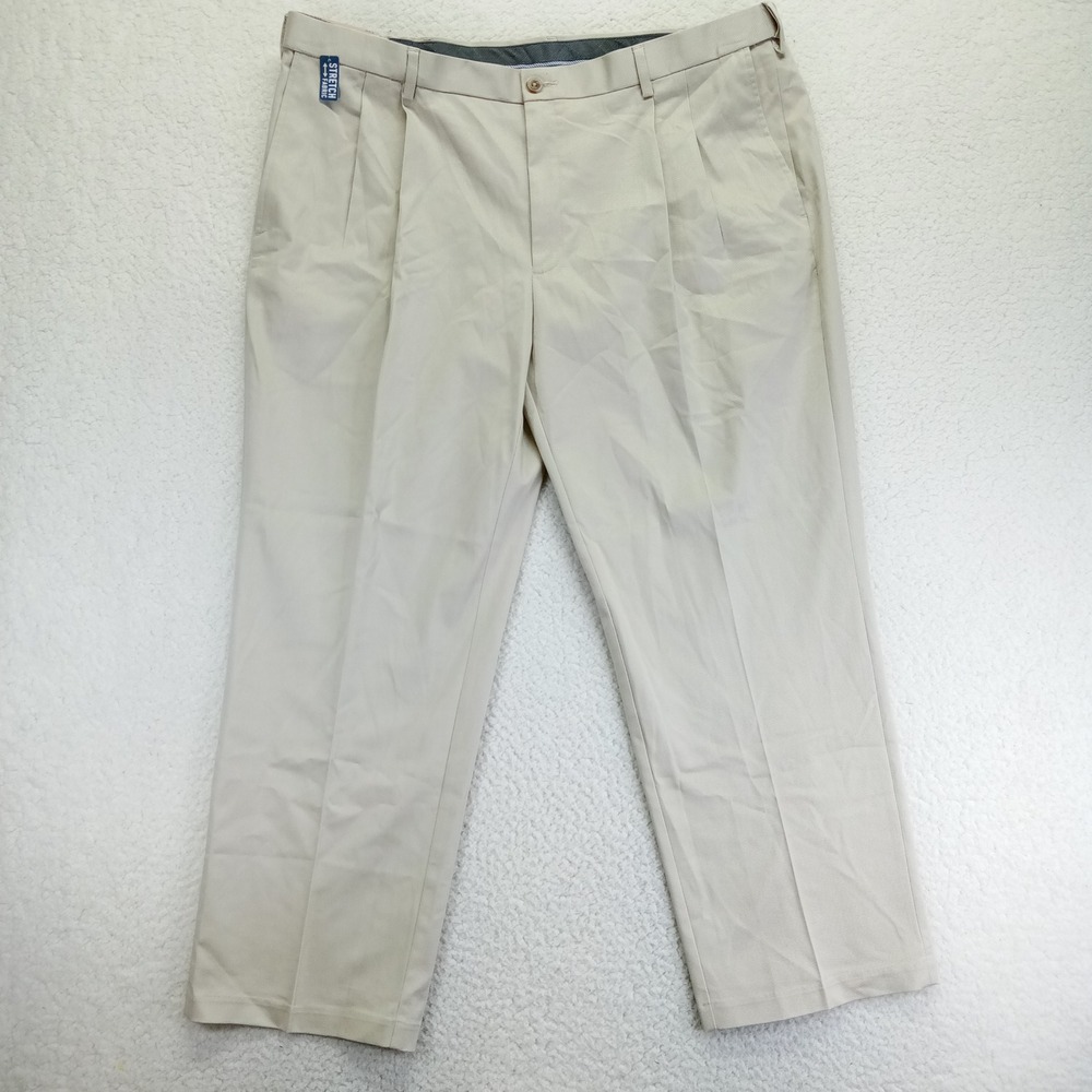 Haggar Mens Premium No Iron Khaki Pants 42x29 Sand Pleated Classic Fit Stretch